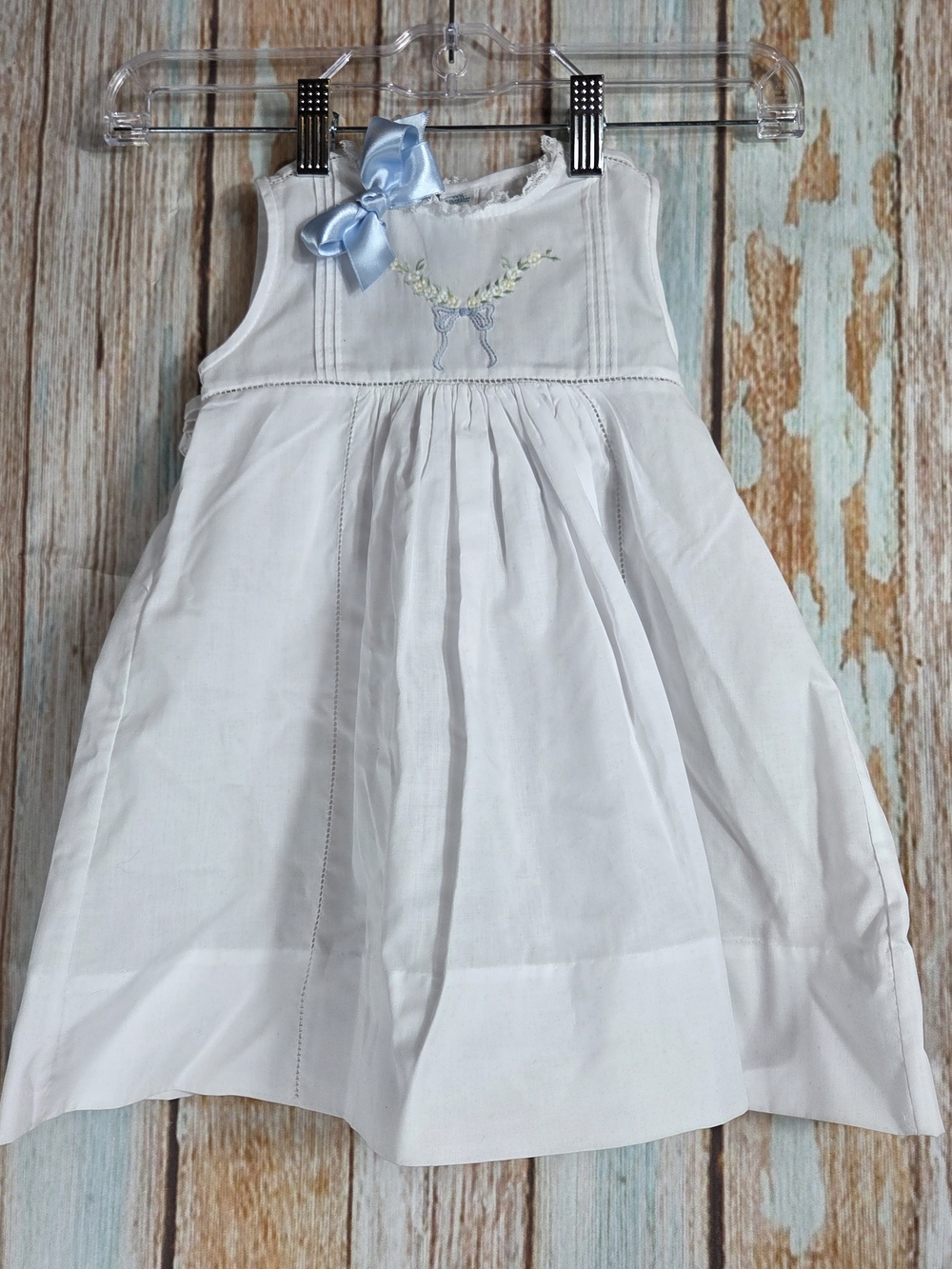 Feltman Brothers White Dress W/ Blue Bow and Embroidered Details. NWT. Size 18m